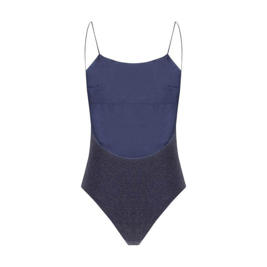 Oséree Lumiere Maillot Swimsuit, navy one-piece with thin straps, open back, monochrome pattern, all-over glitter accents