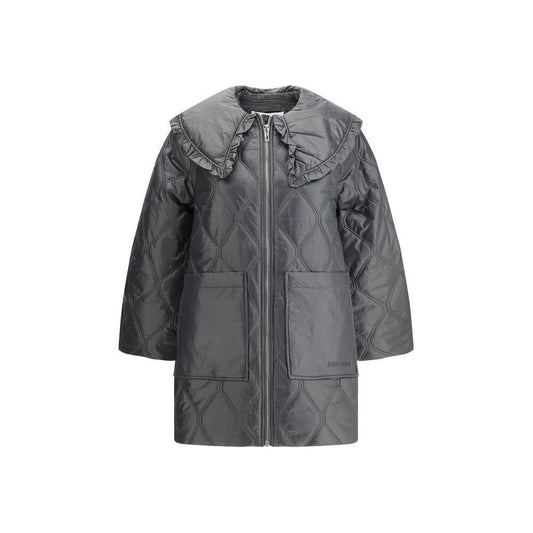 Ganni jacket with wide collar, front zipper, and quilted design, featuring two maxi patch pockets and oversized fit.