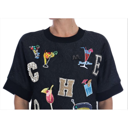 Dolce & Gabbana Black Brocade Cocktail Crystal Sweater