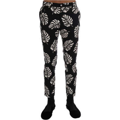 Dolce & Gabbana White Black Leaf Cotton Stretch Slim Pants
