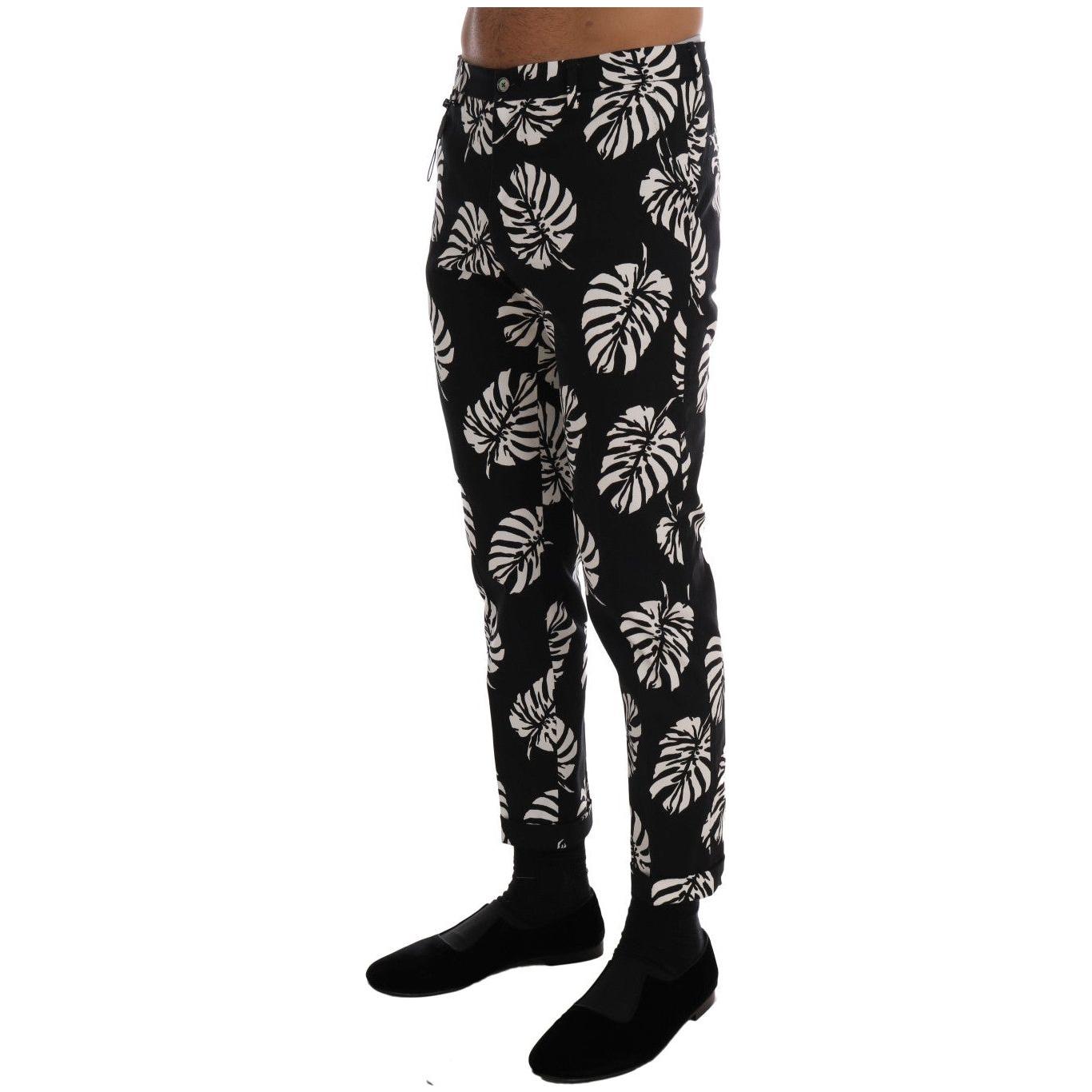 Dolce & Gabbana White Black Leaf Cotton Stretch Slim Pants
