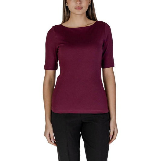 Woman wearing a Street One purple short-sleeved T-shirt made of 50% cotton and 50% modal, perfect for spring/summer fashion.