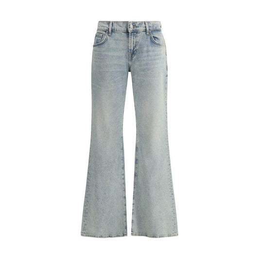 7FOR Spencer Flare Sahara Jeans, mid-rise waist, five-pocket style, button-zip closure, and signature leather patch on back.