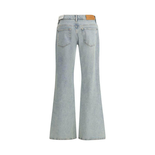 Back view of 7For Spencer Flare Sahara Jeans with mid-rise waist and iconic leather patch, featuring a five-pocket design and belt loops.