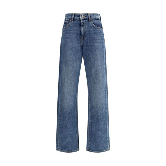 7FOR Jasper Jeans with straight five-pocket design and pressure-printed leather patch, featuring button-and-zip closure.
