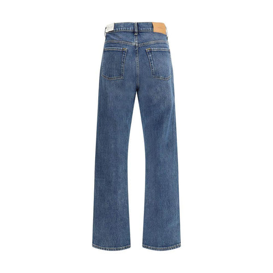 Back view of 7FOR Jasper Jeans showcasing straight five-pocket design and leather signature patch.