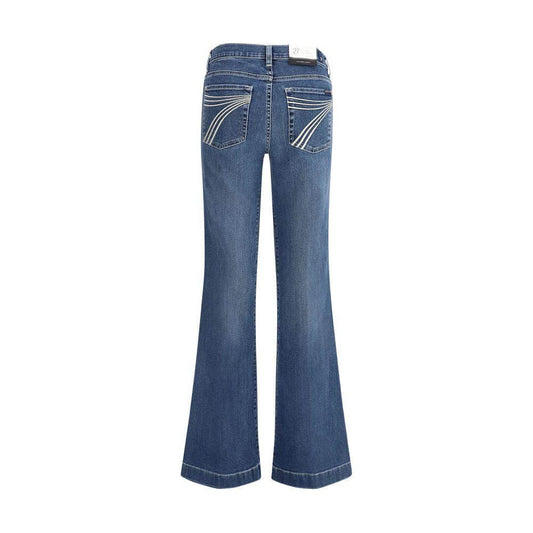 Alt Tag: Back view of 7 For All Mankind flare jeans showcasing five-pocket design and iconic leather patch, perfect for retro fashion lovers.