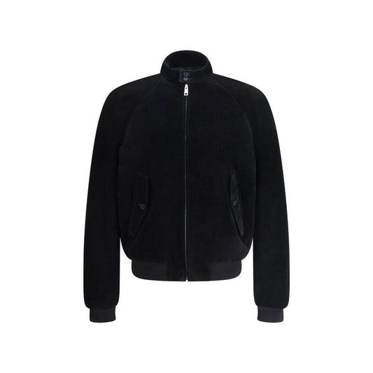 Prada suede bomber jacket with high collar, front zipper, and ribbed cuffs, featuring a triangular brand patch on the back.