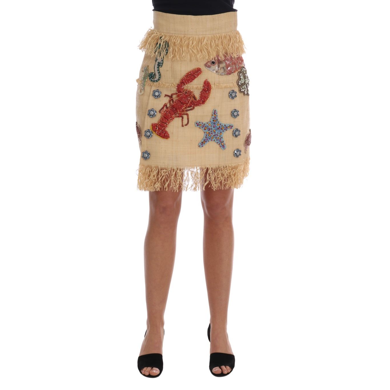 Dolce & Gabbana Crystal Beige Palm Fiber Skirt