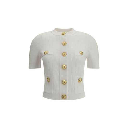 Balmain cropped short-sleeve cardigan with embossed buttons and ribbed crew neck, featuring buttoned welt pockets for a sleek, fitted look.