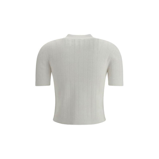 Back view of Balmain cropped beige cardigan with ribbed texture and short sleeves, offering a sleek and sophisticated design.