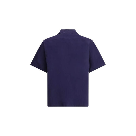 Navy Prada short-sleeved cotton shirt with classic collar, rear view