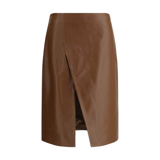 Loulou Studio Ekare Lambskin Skirt with asymmetrical front slit, back zipper closure, in brown, offering a modern elegant design.