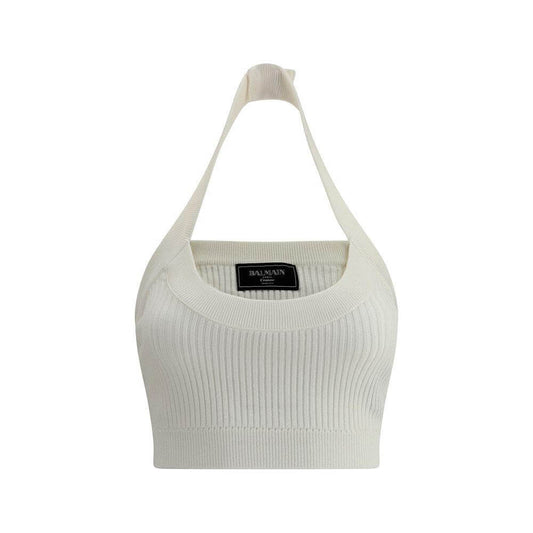 Balmain white ribbed cropped top with American neckline and monogram patch, featuring embossed button closure, sleek and stylish design.