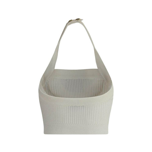 Elegant Balmain cropped top with American neckline, ribbed texture, and embossed button closure showcasing monogram detail.