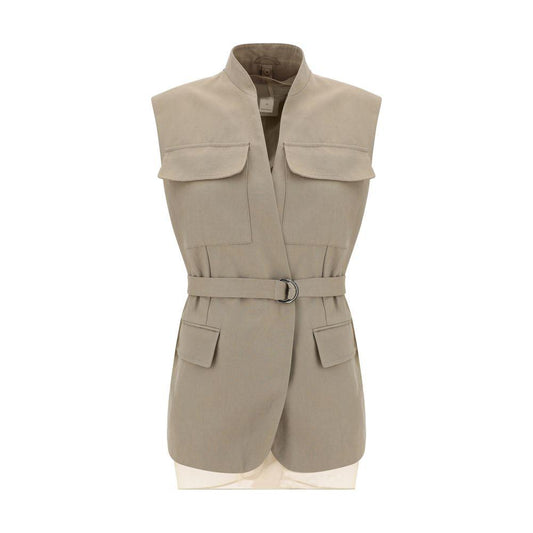 Brunello Cucinelli cotton gilet with high collar, flap pockets, and adjustable belt.