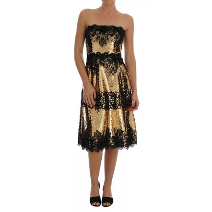 Dolce & Gabbana Gold Strapless Sequin Embellished Lace Dress