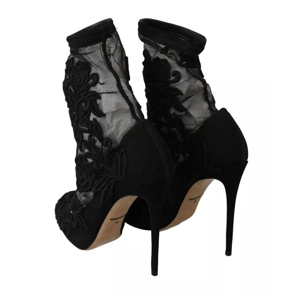 Dolce & Gabbana Black Tulle Stretch Floral Booties Shoes