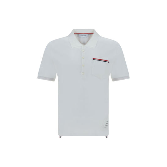 Thom Browne White Cotton Polo Shirt with classic collar and patch pocket featuring iconic contrasting bands.