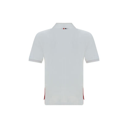 Back view of Thom Browne White Cotton Polo Shirt with classic collar and side slits featuring iconic contrasting bands.