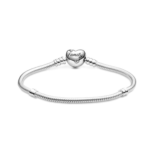 Silver Pandora bracelet with 'Family' heart clasp, model 598827C01-16, for ladies, made in Thailand, packaged in official box.