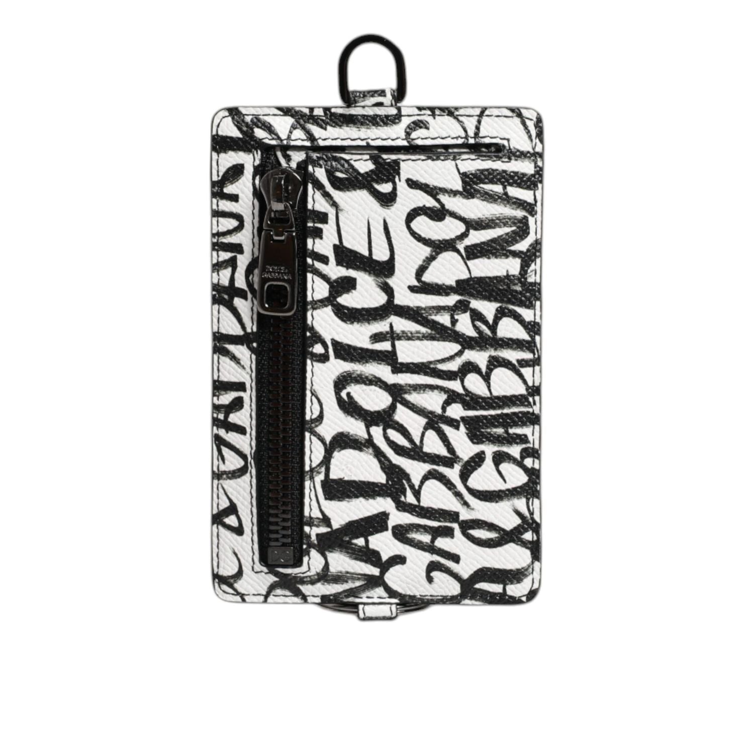 Dolce & Gabbana White Leather Lanyard Logo Print Card Holder Wallet