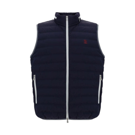 Navy Brunello Cucinelli Down Vest with front zipper and zippered pockets for stylish warmth.