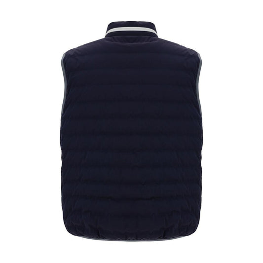 Brunello Cucinelli Down Vest in navy, featuring a high neckline with zipper hood storage and back view of quilted design for comfort and warmth.