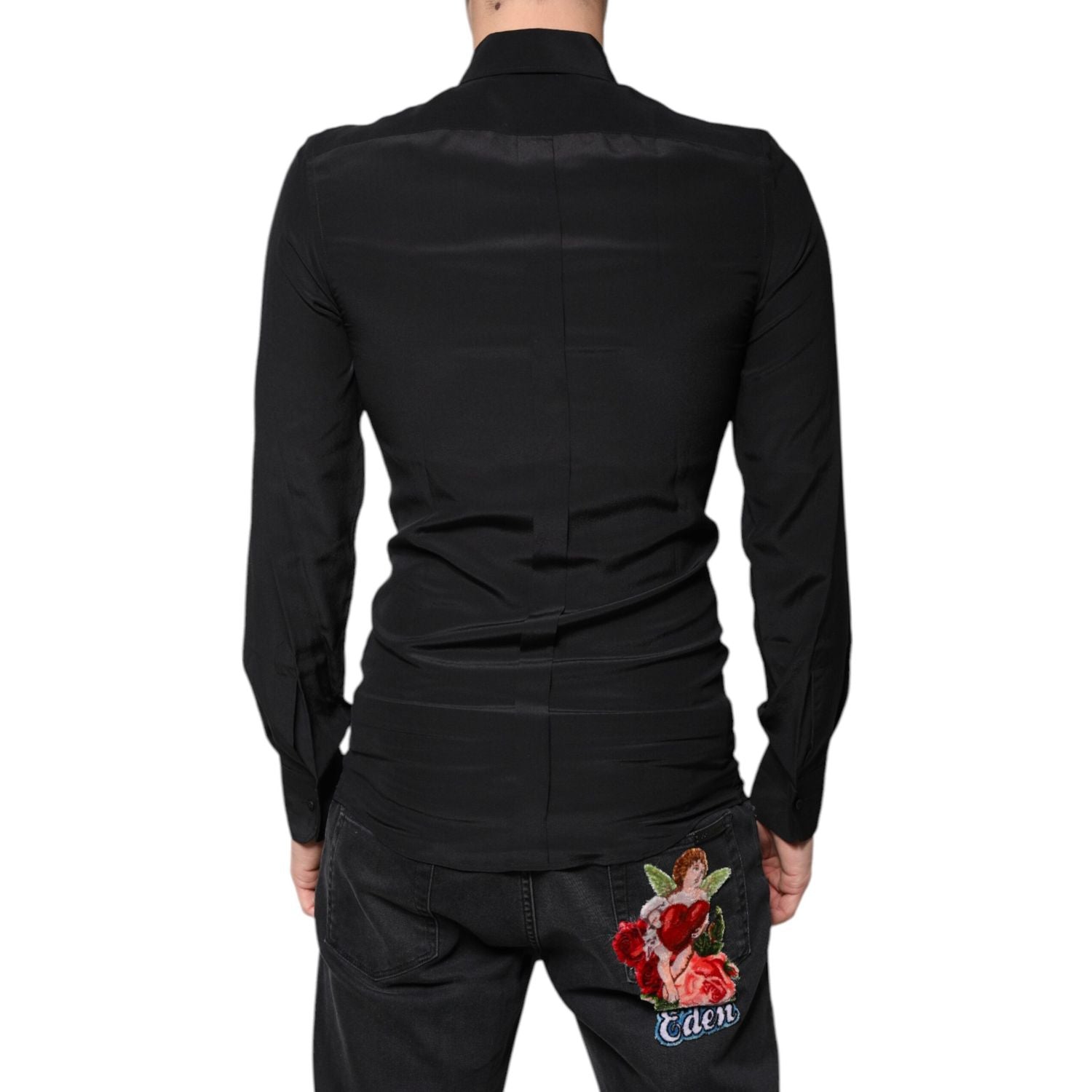 Dolce & Gabbana Black Silk Long Sleeves GOLD Dress Shirt