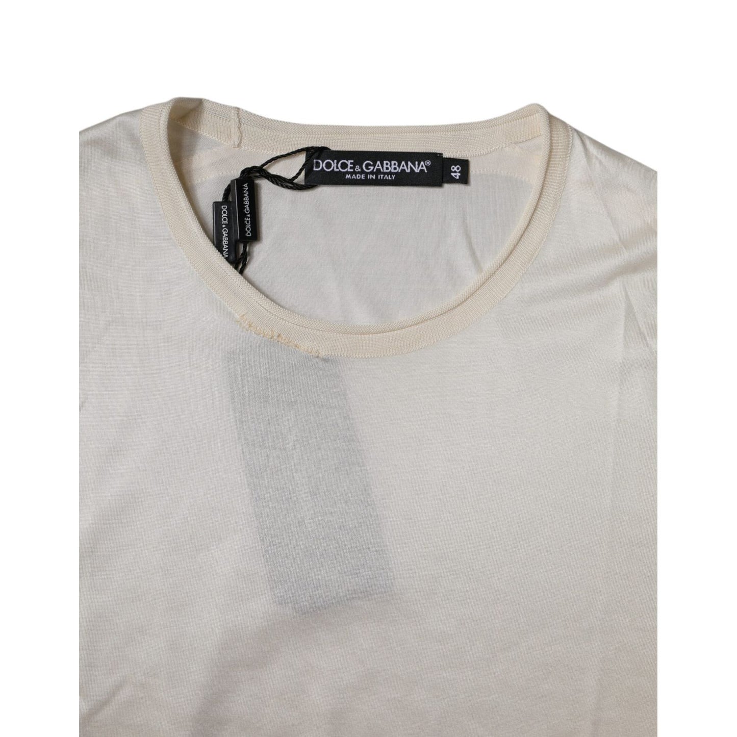 Dolce & Gabbana Off White Silk Crew Neck Short Sleeve T-shirt