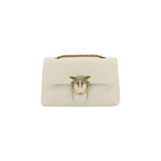 Pinko Love Classic shoulder bag with gold Love Birds logo, quilted calfskin, sliding chain strap, and double compartments.