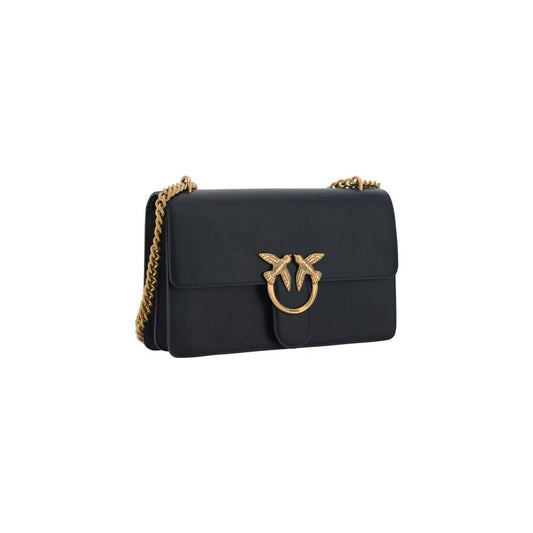 PINKO Love leather shoulder bag with iconic embossed Love Birds buckle and adjustable chain strap in black.