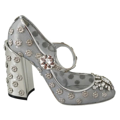 Dolce & Gabbana Silver Crystal Studs Heels Mary Janes Pumps Shoes