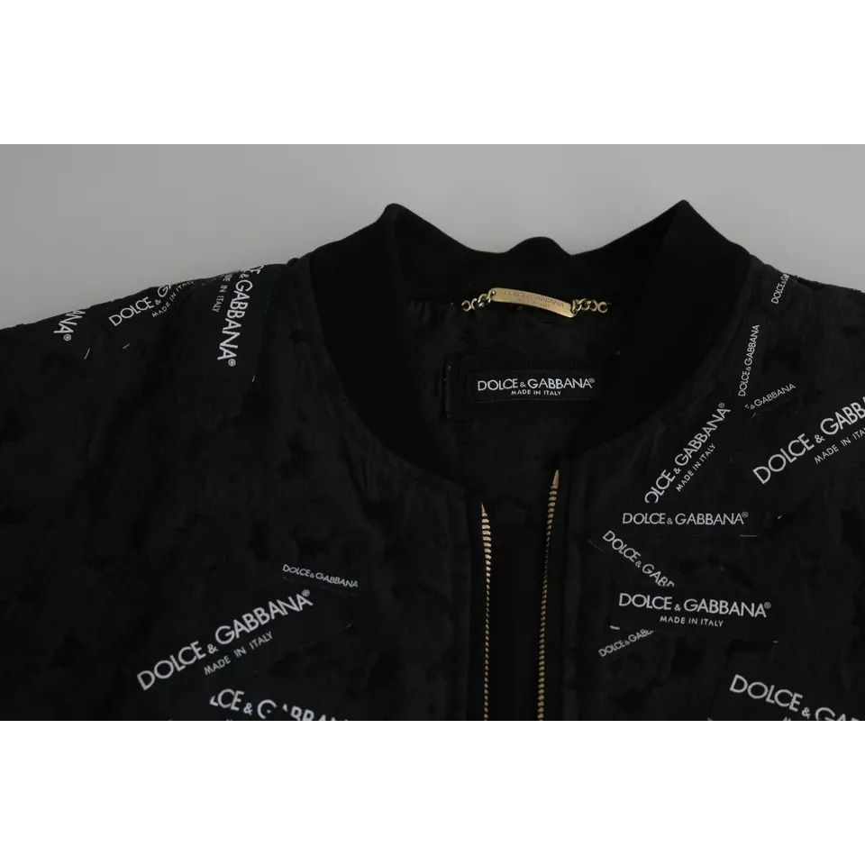 Dolce & Gabbana Black Logo Patch Brocade Bomber Full Zip Jacket