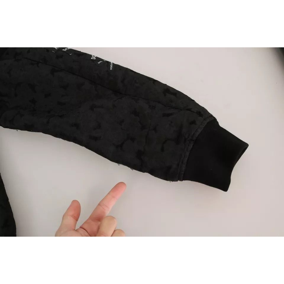 Dolce & Gabbana Black Logo Patch Brocade Bomber Full Zip Jacket