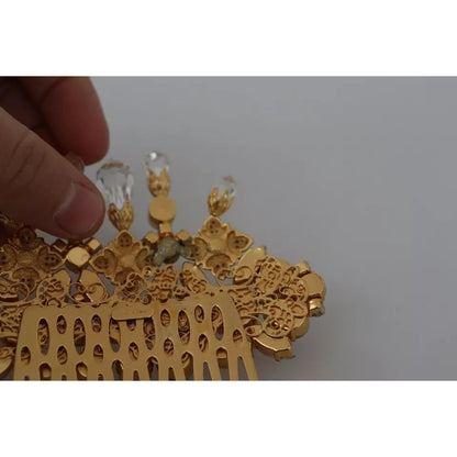 Dolce & Gabbana Gold Brass Clear Crystal Hair Stick Accessory Comb