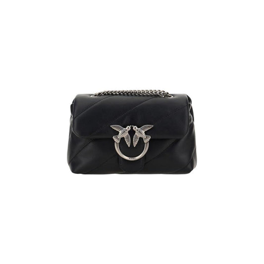 Black Pinko Love Mini Puff shoulder bag with Love Birds logo and quilted design.