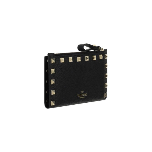 Valentino Garavani Rockstud Card Holder in black leather with iconic studded design and zippered coin pocket.