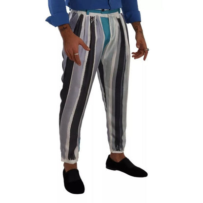 Dolce & Gabbana Blue Striped Silk Tapered Pants