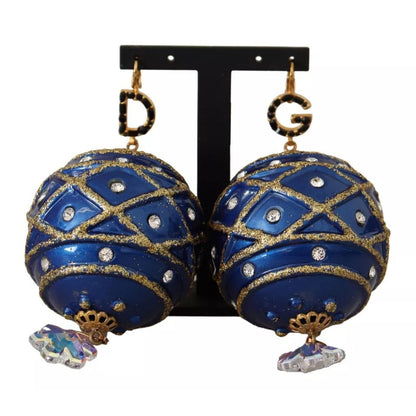 Dolce & Gabbana Gold Brass Blue Christmas Ball Crystal Hook Jewelry Earrings