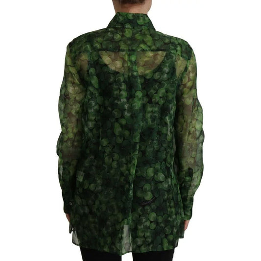 Dolce & Gabbana Green Clover Print Long Sleeves Collared Top Blouse TSH7863-38
