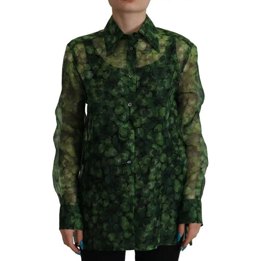 Dolce & Gabbana Green Clover Print Long Sleeves Collared Top Blouse TSH7863-38