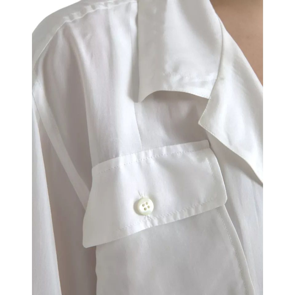Dolce & Gabbana White Silk Collared 3/4 Sleeves Blouse Top