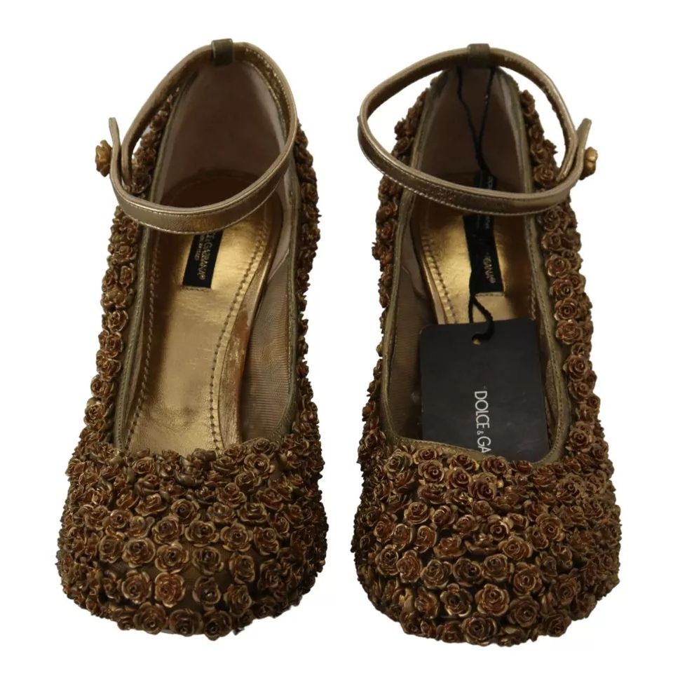 Dolce & Gabbana Gold Roses Embellished Heels Pumps Shoes