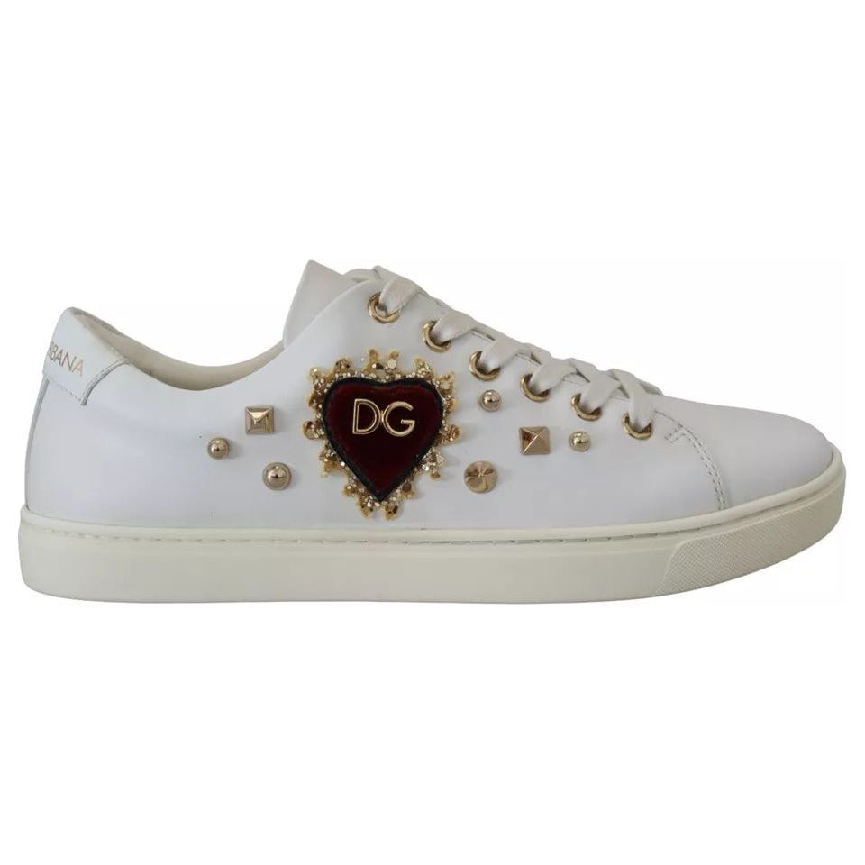 Dolce & Gabbana White Leather Gold Red Heart Sneakers Shoes