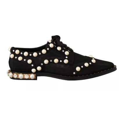 Dolce & Gabbana Black Lace Up Jewelled Formal Flats Shoes