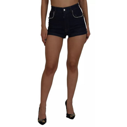 Dolce & Gabbana Blue Denim Stretch Crystal Hot Pants Shorts