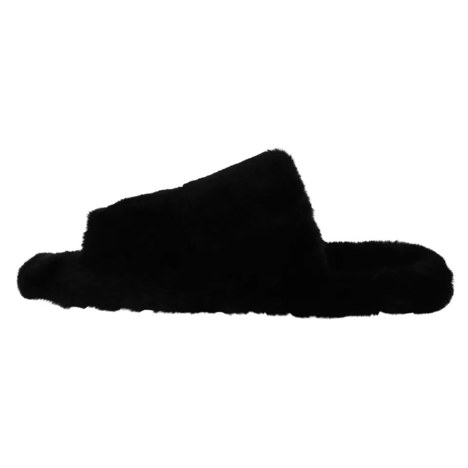 Dolce & Gabbana Black Polyester Faux Fur Mens Flats Sandals Shoes