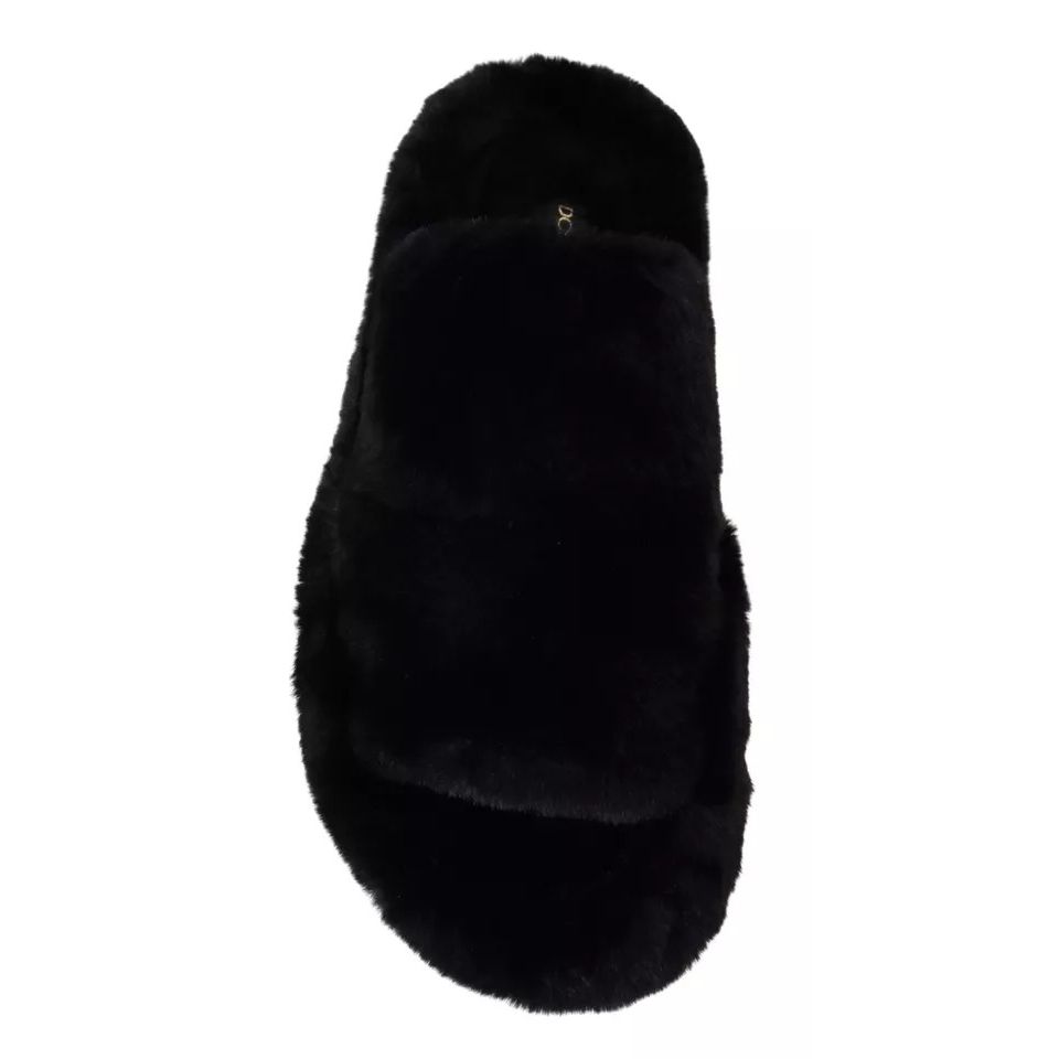 Dolce & Gabbana Black Polyester Faux Fur Mens Flats Sandals Shoes