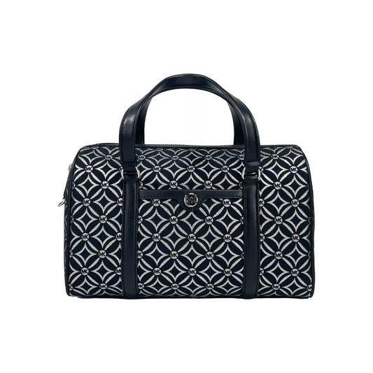 Michael Kors medium duffle crossbody bag in black leather and canvas with geometric pattern, featuring adjustable strap and inner card slots.
